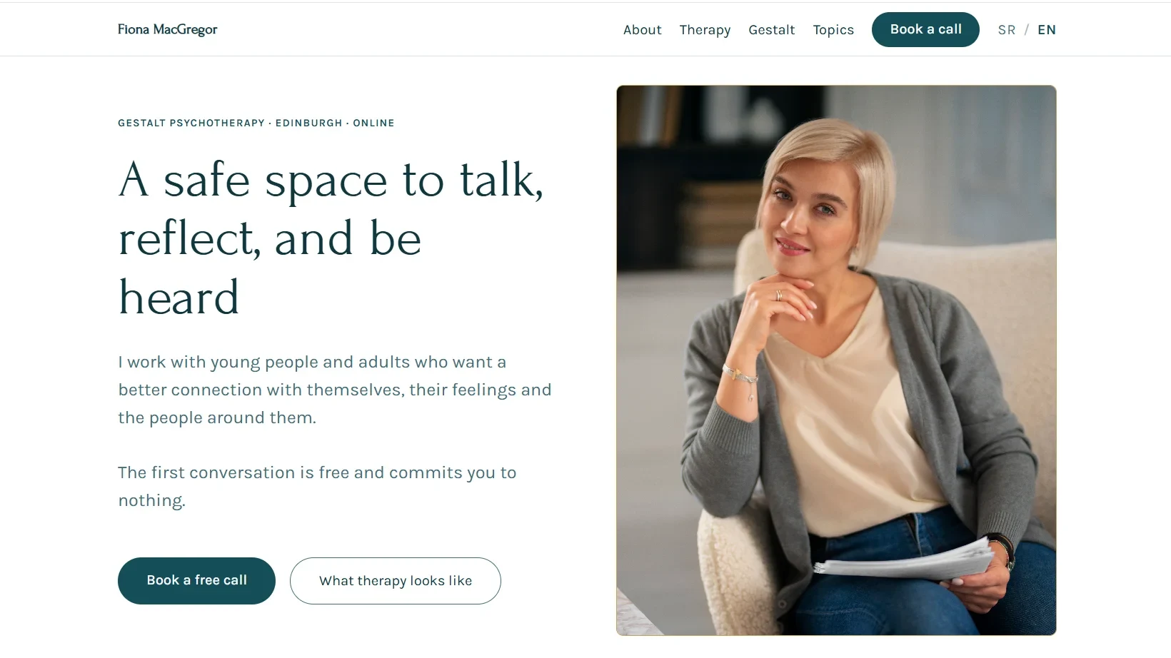 Screenshot of a psychotherapist website: hero section introducing the services