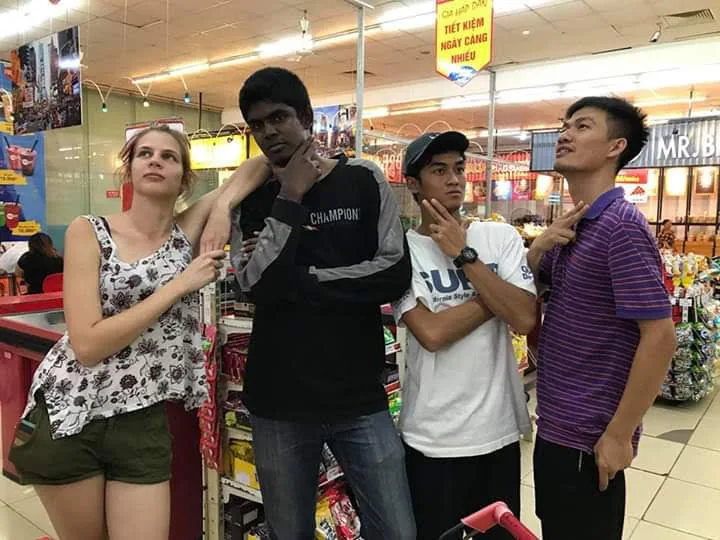 Tijana with three friends in a supermarket in Vietnam